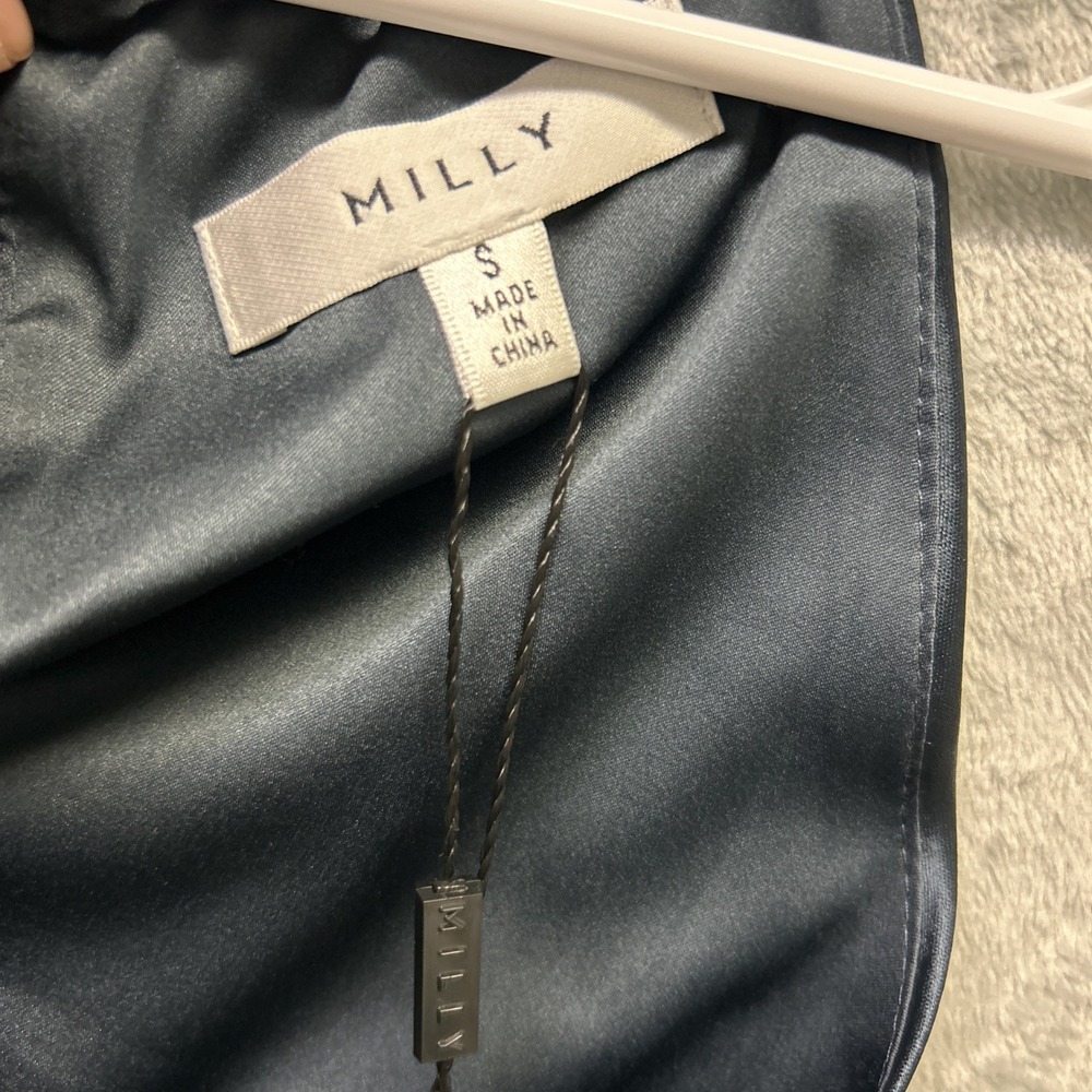 Milly Shirt Womens Small Blue Vienna Hammered Satin Feather Top - Picture 3 of 10